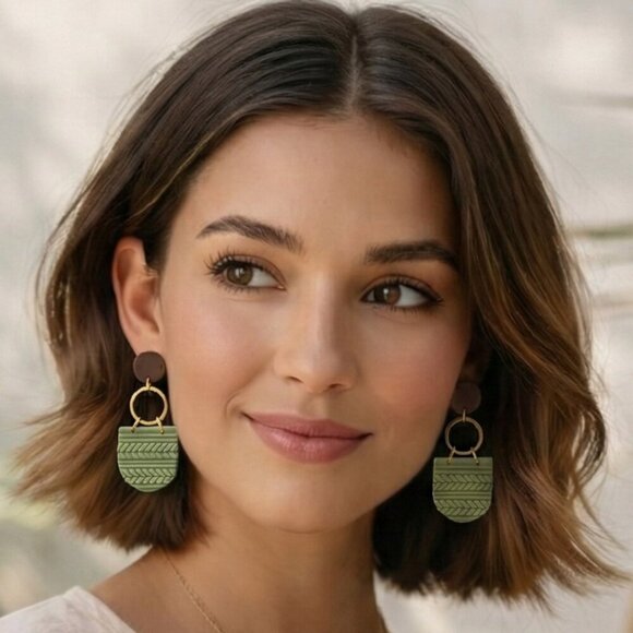 Sage Green Polymer Clay Wood Dangle Earrings Gold Plated Sterling Silver Posts - Picture 3 of 17